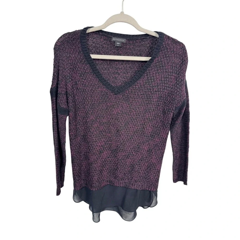 Metaphor Womens V Neck Speckled Knit Chiffon Hem Sweater Top Purple Black Size S - Picture 2 of 6